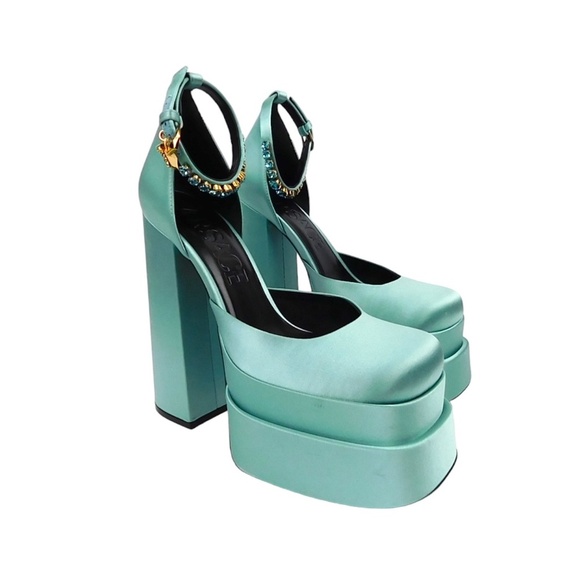 NWT Authentic Versace Medusa Aevitas Platform Mary Janes Pump blue satin Size 39 - Picture 1 of 13